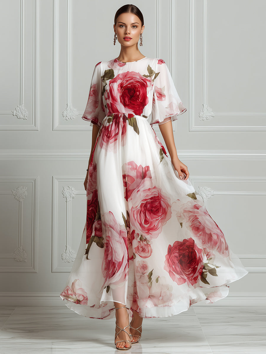Romantic Rose Print Chiffon Maxi Dress