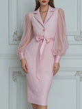 Tweed Sheer-Sleeve Satin Belt Blazer Dress