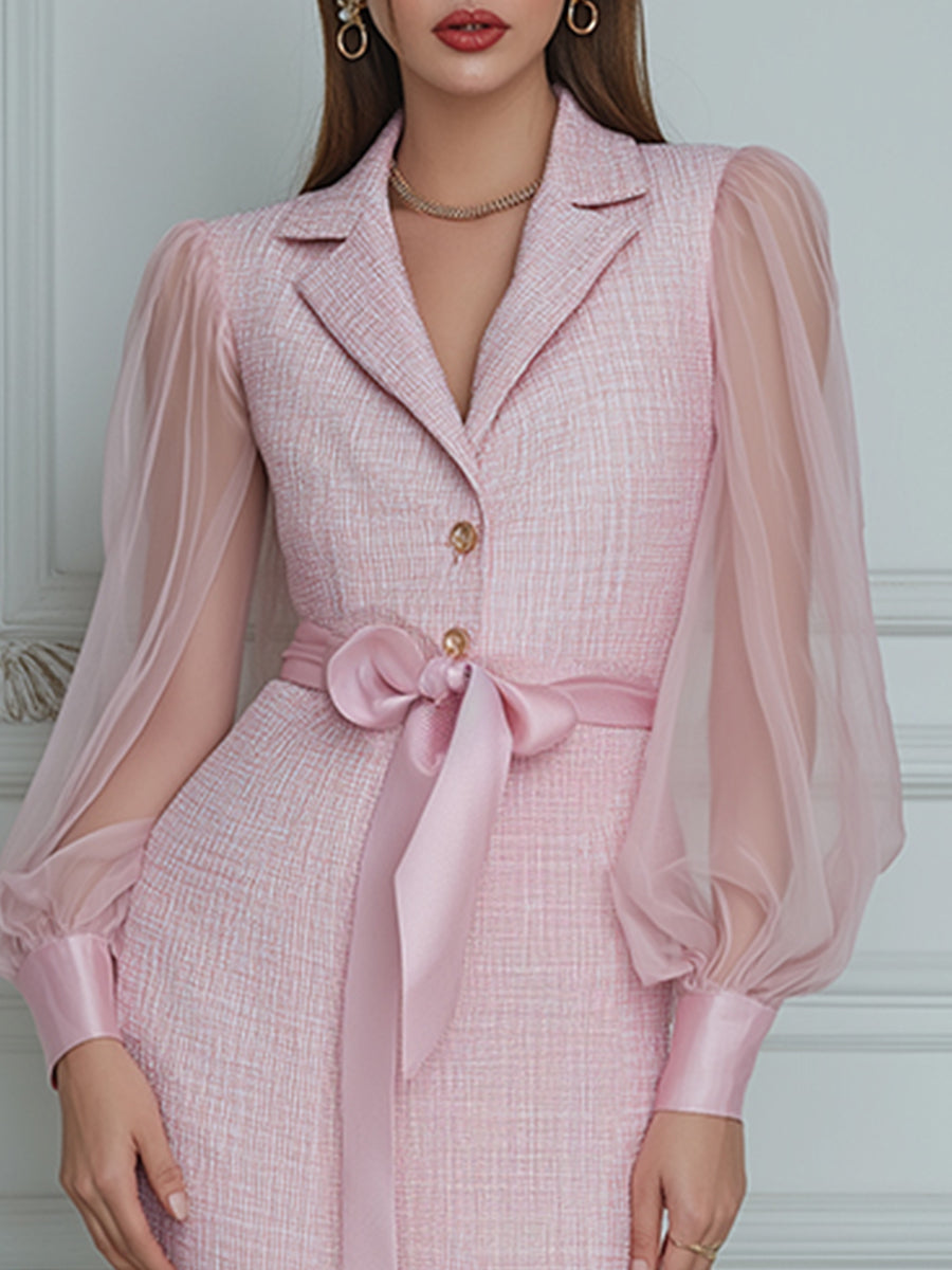 Tweed Sheer-Sleeve Satin Belt Blazer Dress