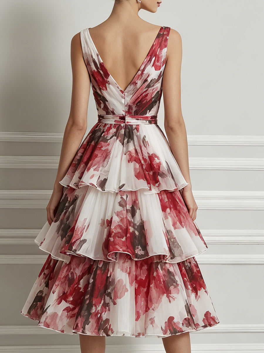Watercolor Rose Tiered Chiffon  A-Line Midi Dress
