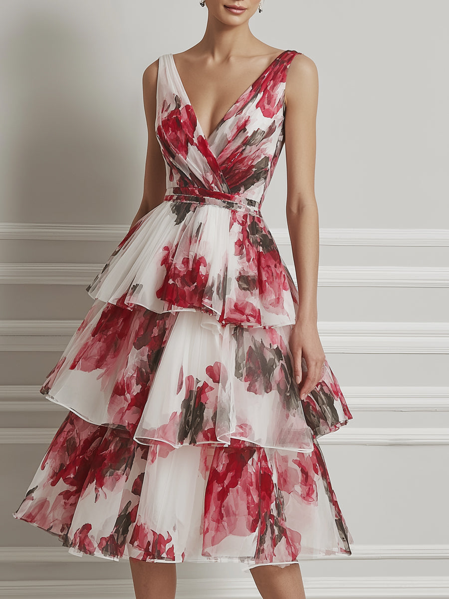 Watercolor Rose Tiered Chiffon  A-Line Midi Dress