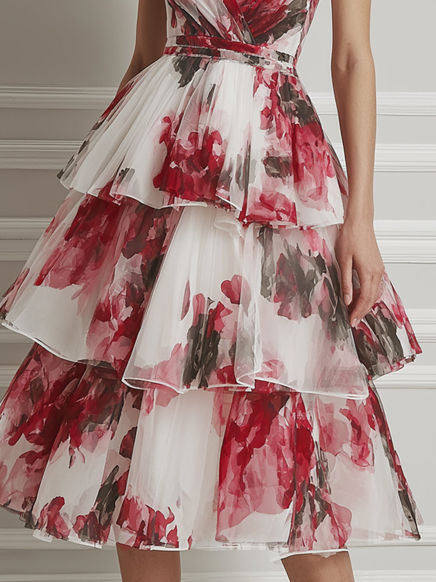 Watercolor Rose Tiered Chiffon  A-Line Midi Dress