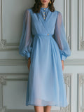 Serene Sky Chiffon Lantern Sleeves Midi Dress