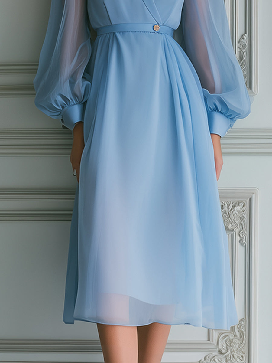 Serene Sky Chiffon Lantern Sleeves Midi Dress