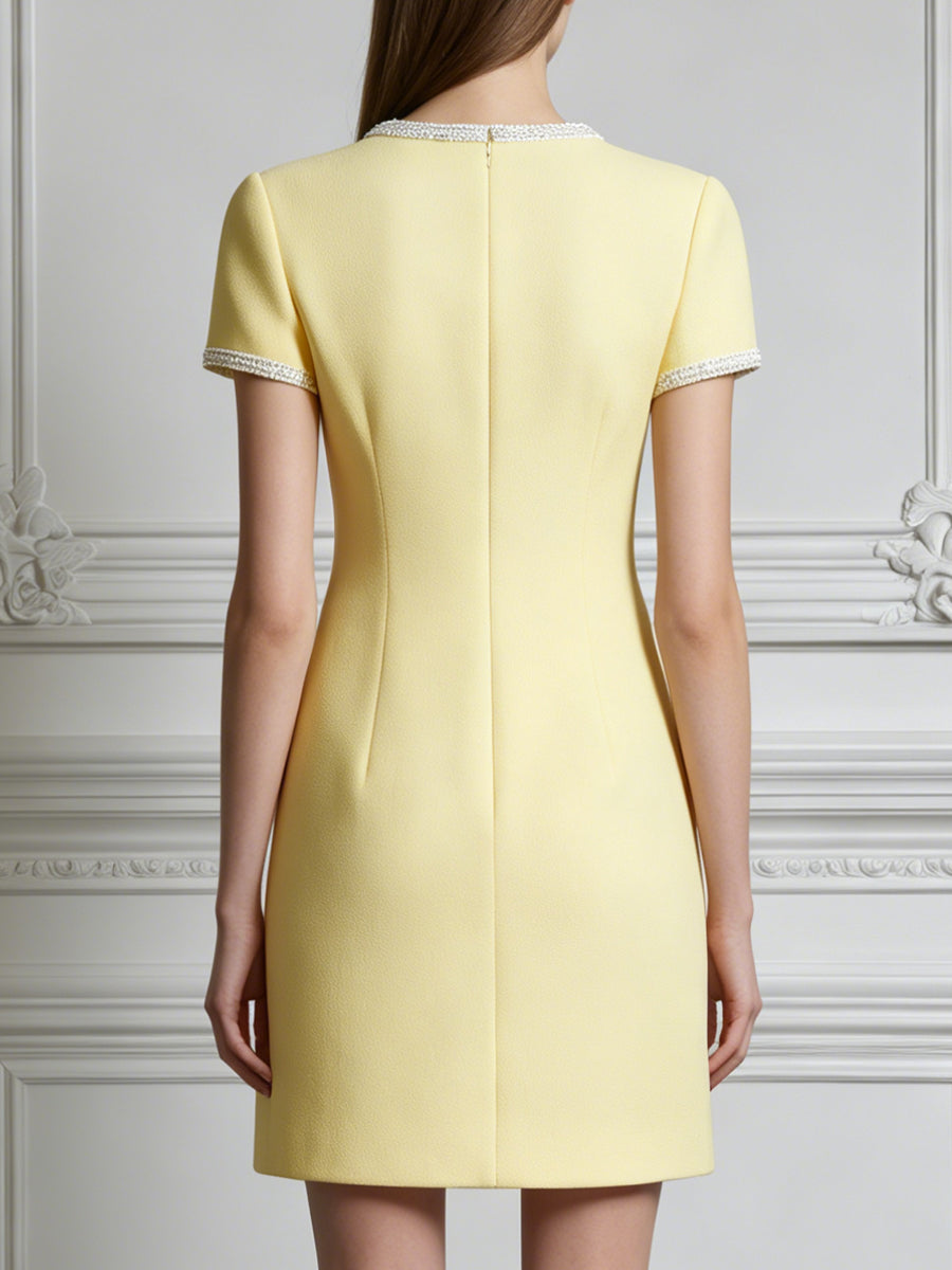 Elegant Pale Yellow Tweed Dress With Sparkling Trim
