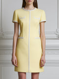 Elegant Pale Yellow Tweed Dress With Sparkling Trim