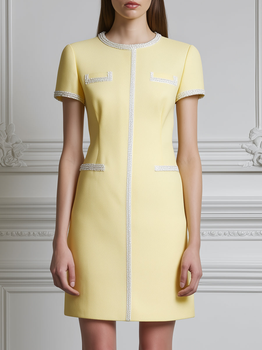 Elegant Pale Yellow Tweed Dress With Sparkling Trim
