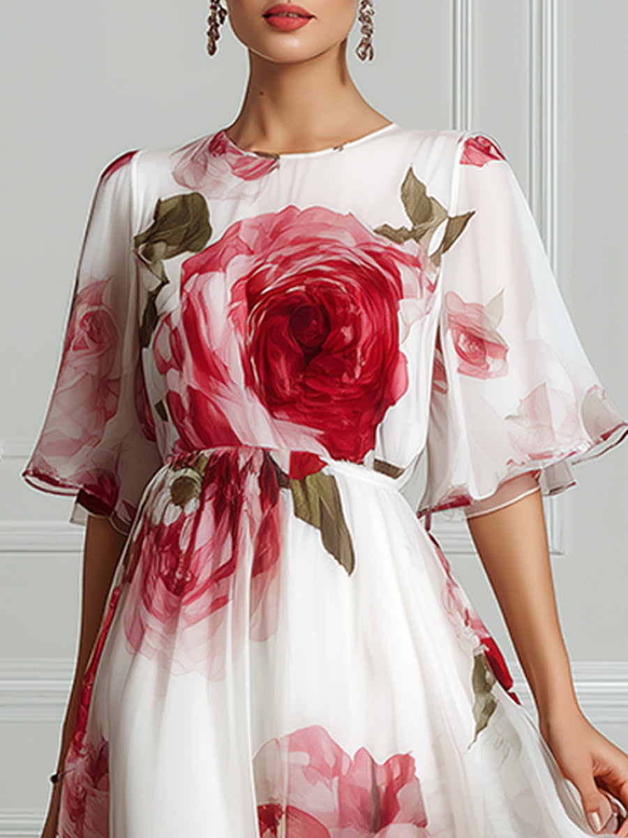 Romantic Rose Print Chiffon Maxi Dress