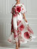 Romantic Rose Print Chiffon Maxi Dress