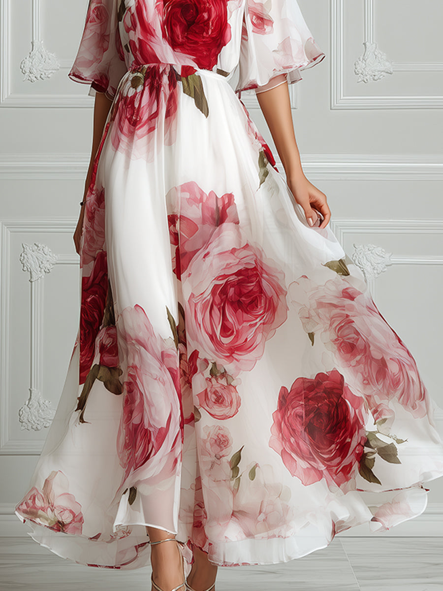 Romantic Rose Print Chiffon Maxi Dress