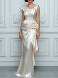 Draped Floral Accent Satin Maxi Dress