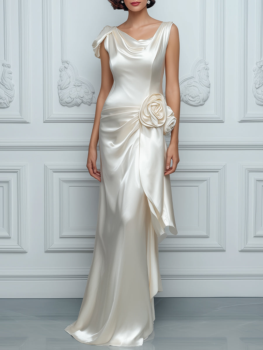 Draped Floral Accent Satin Maxi Dress
