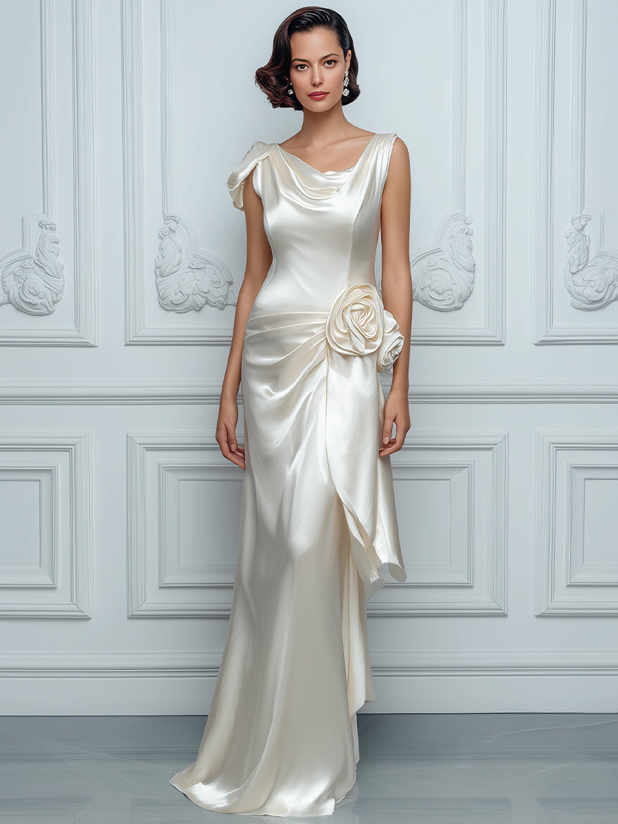 Draped Floral Accent Satin Maxi Dress