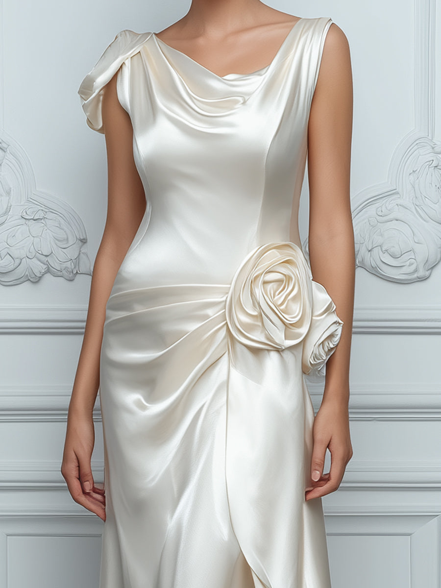 Draped Floral Accent Satin Maxi Dress