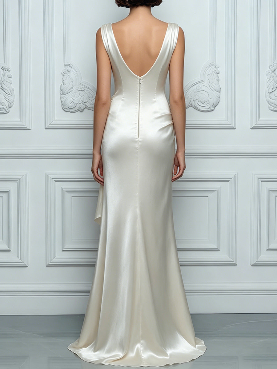 Draped Floral Accent Satin Maxi Dress