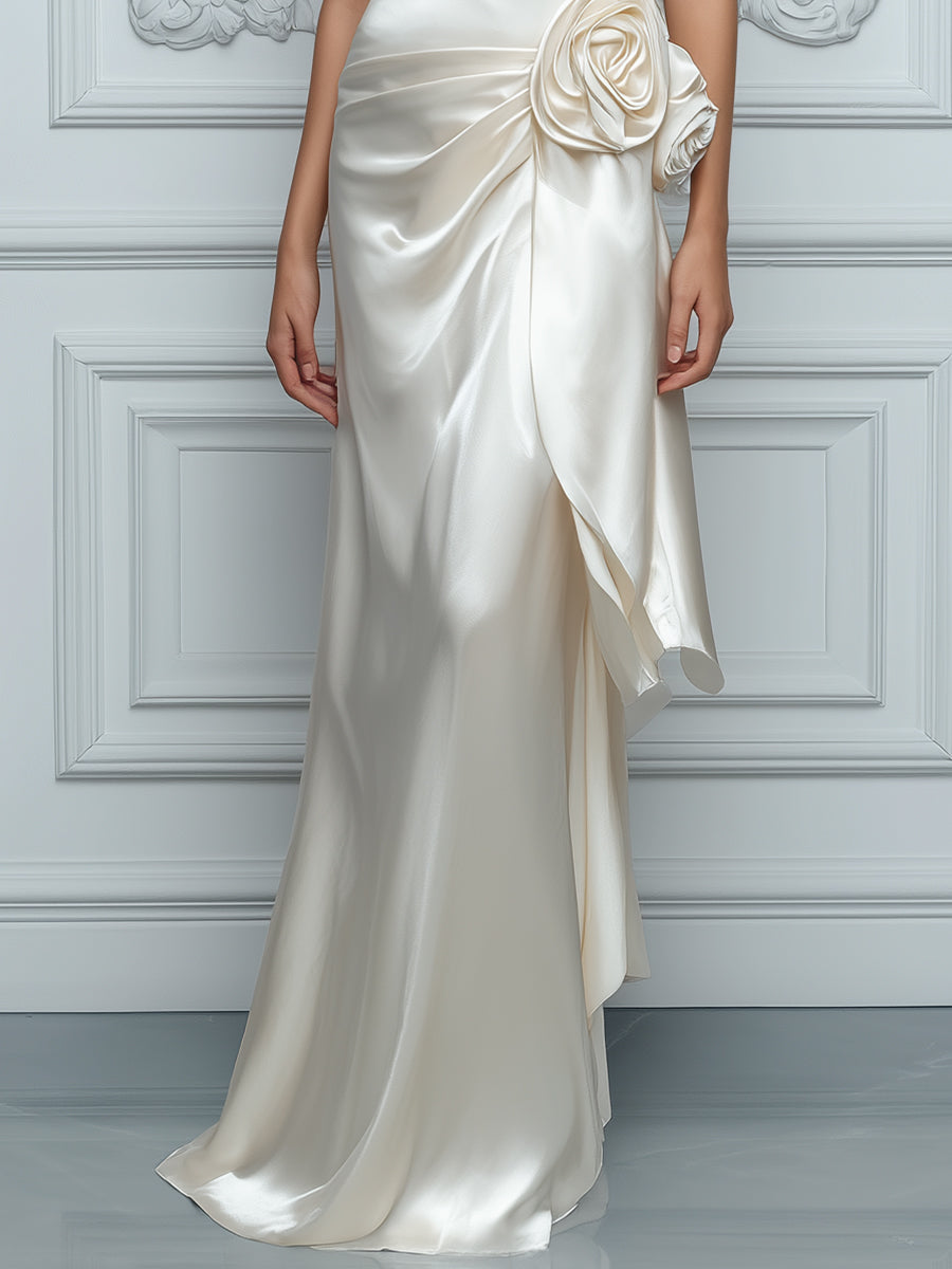 Draped Floral Accent Satin Maxi Dress