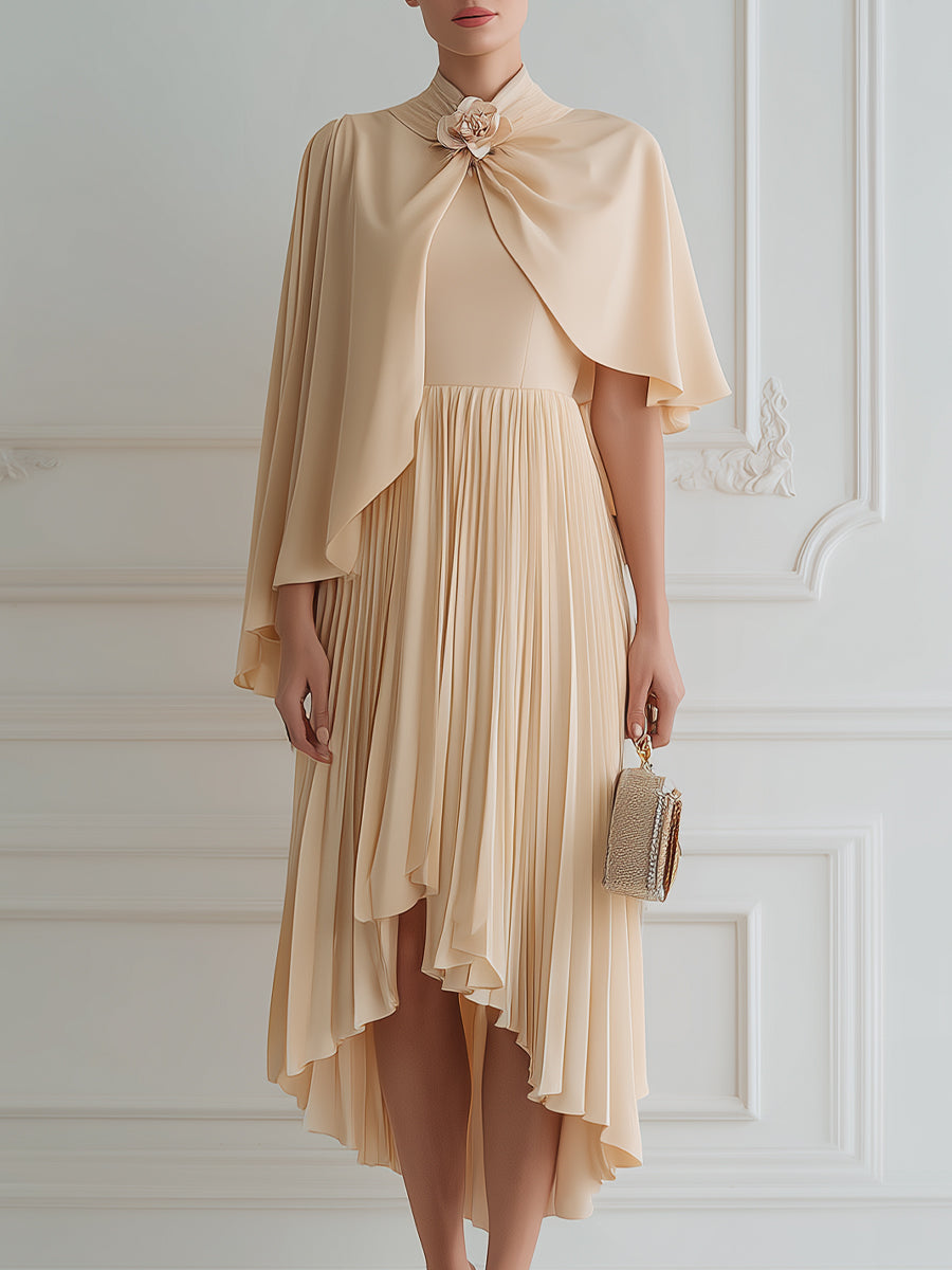 Floral Cape Pleated Midi Dress