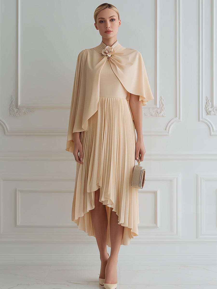 Floral Cape Pleated Midi Dress