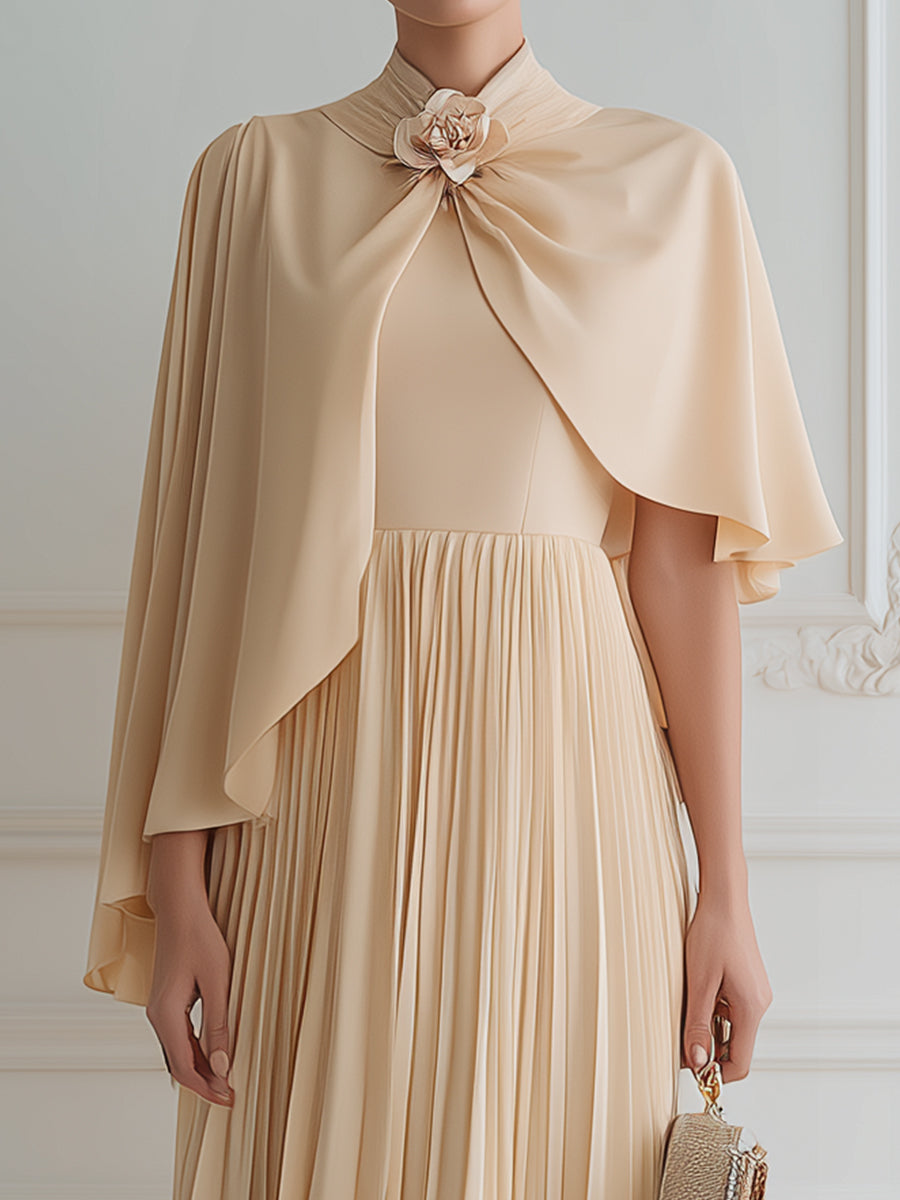 Floral Cape Pleated Midi Dress