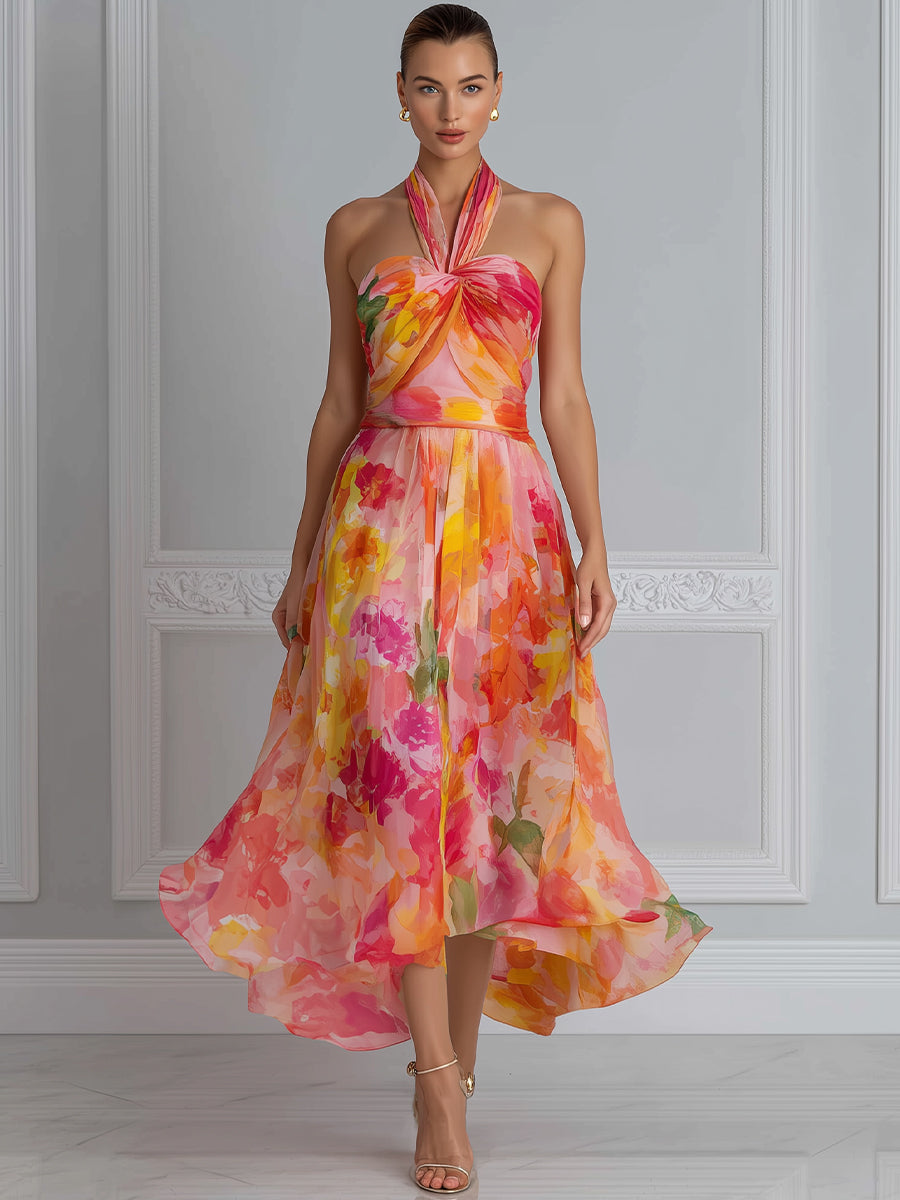 Watercolor Floral Halter Midi Dress