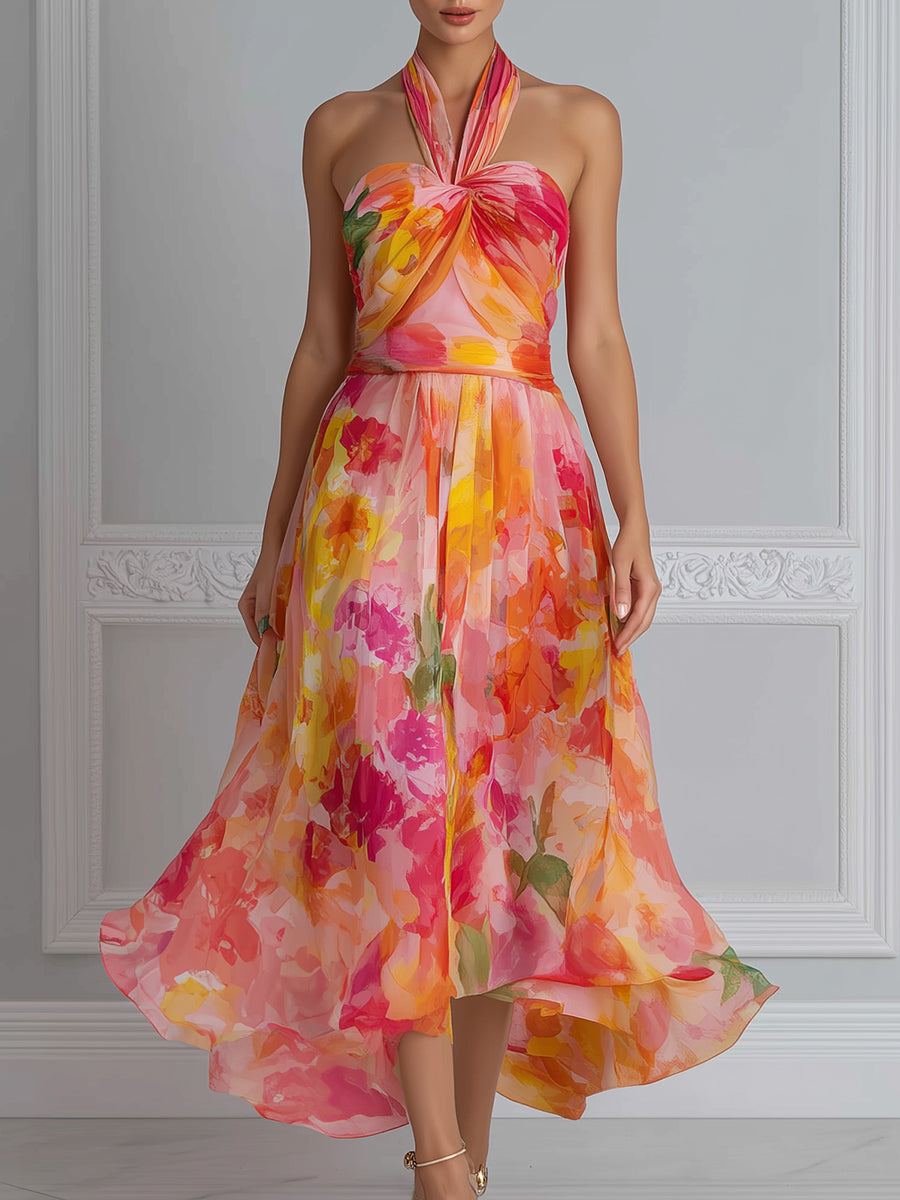 Watercolor Floral Halter Midi Dress