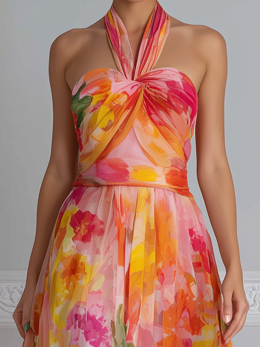 Watercolor Floral Halter Midi Dress