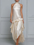 Draped Satin Halter Maxi Dress