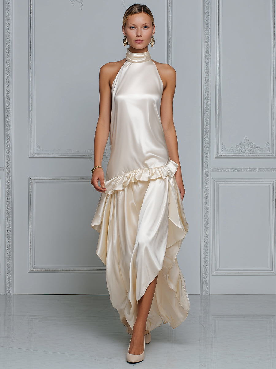 Draped Satin Halter Maxi Dress