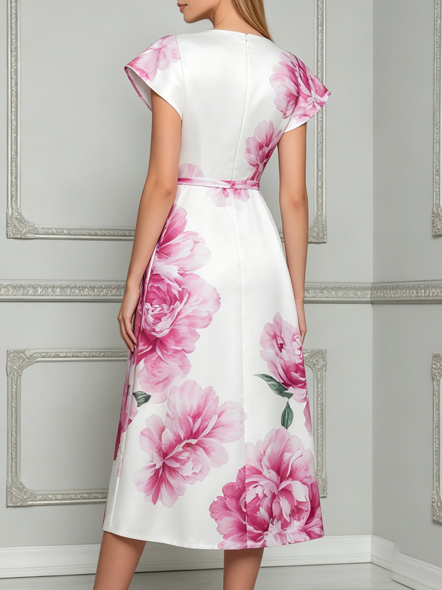 Elegant Watercolor White & Pink Peony Print Midi Dress