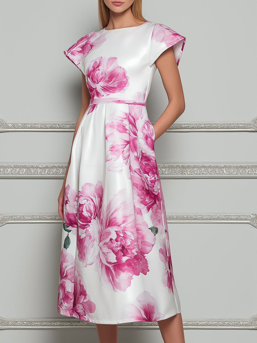 Elegant Watercolor White & Pink Peony Print Midi Dress