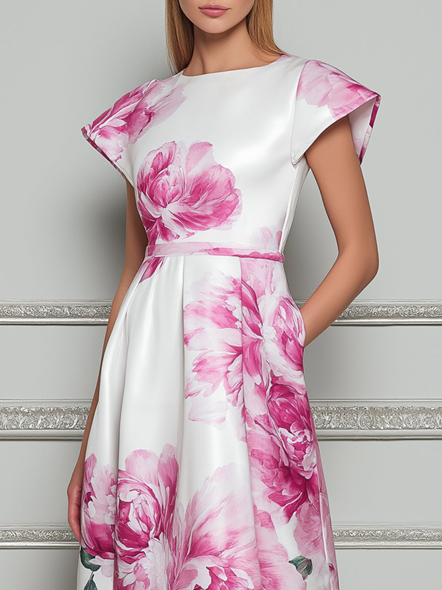 Elegant Watercolor White & Pink Peony Print Midi Dress