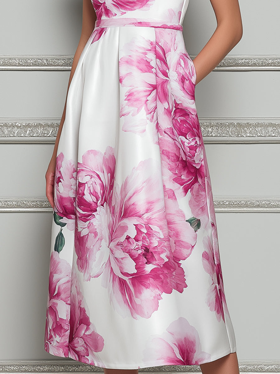 Elegant Watercolor White & Pink Peony Print Midi Dress