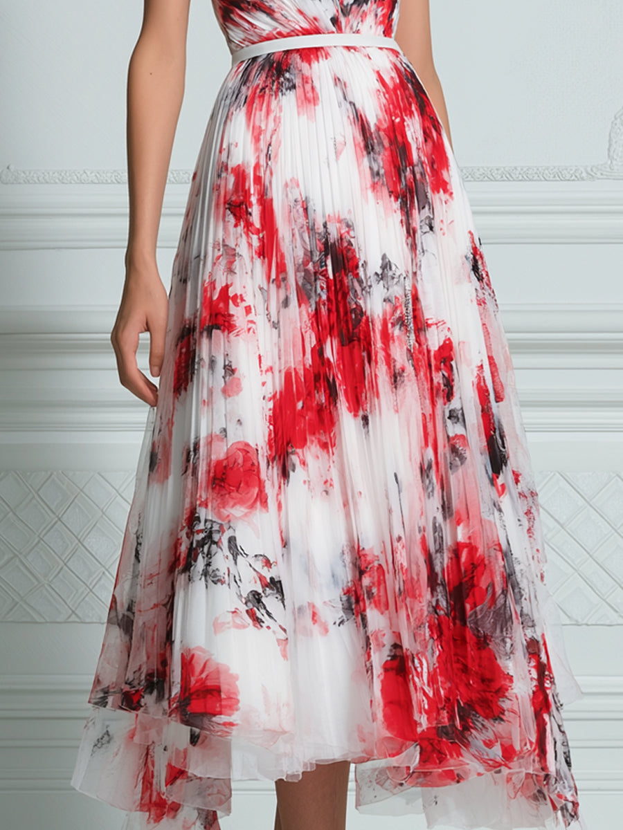 Red & White Watercolor Floral Print Pleated Midi Dress