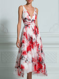Red & White Watercolor Floral Print Pleated Midi Dress