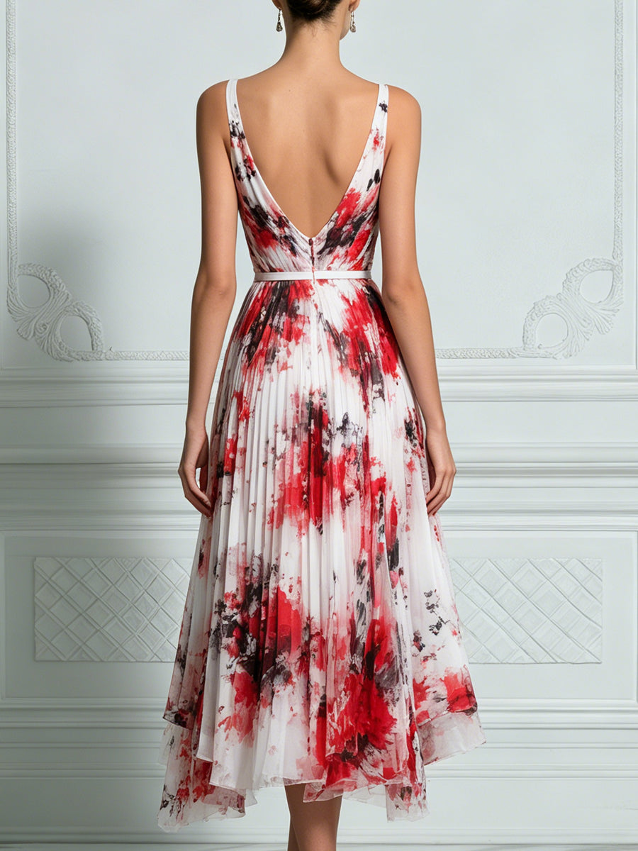 Red & White Watercolor Floral Print Pleated Midi Dress