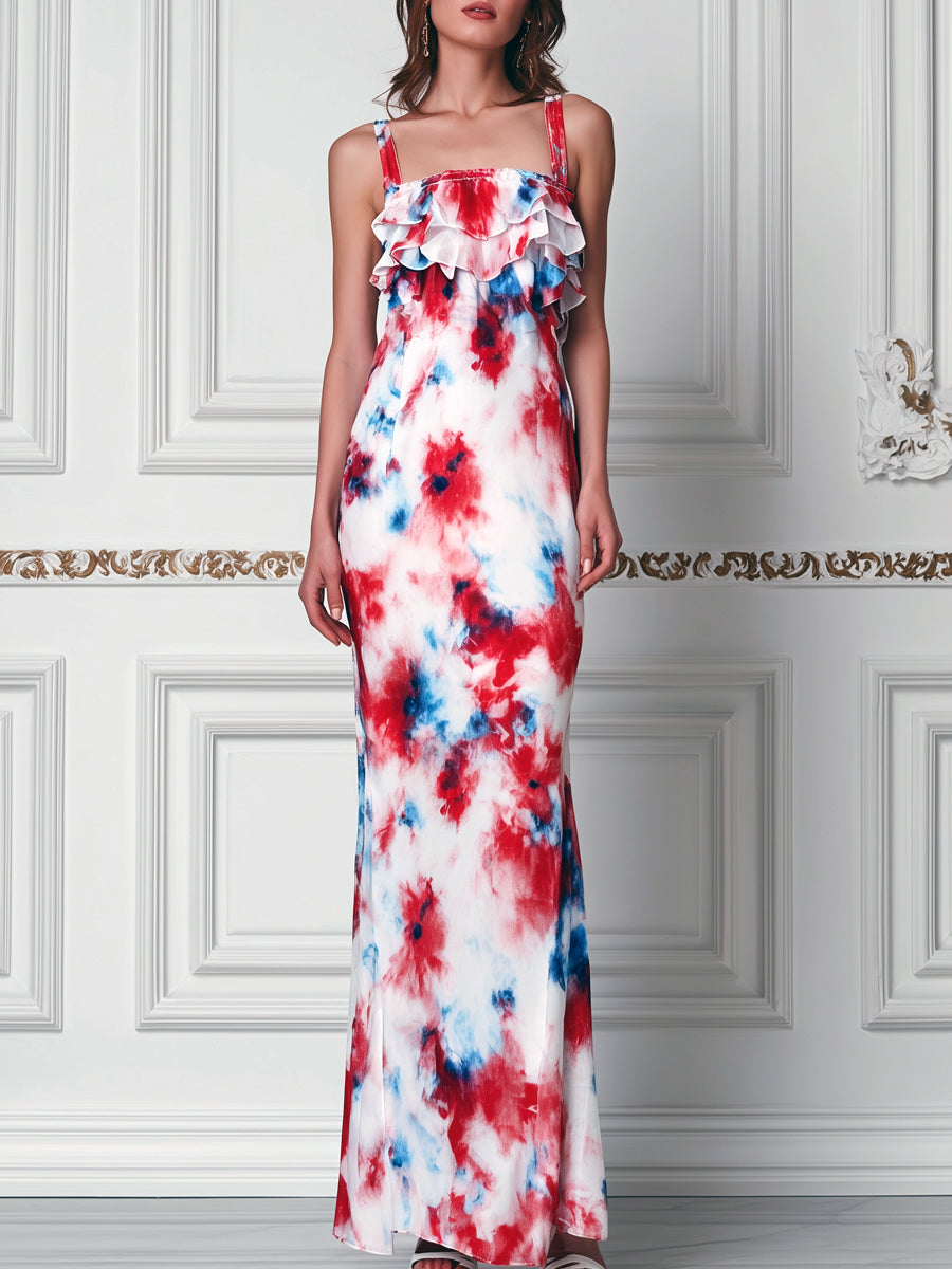 Red & Blue Watercolor Floral Print Ruffle Maxi Dress