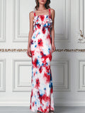 Red & Blue Watercolor Floral Print Ruffle Maxi Dress
