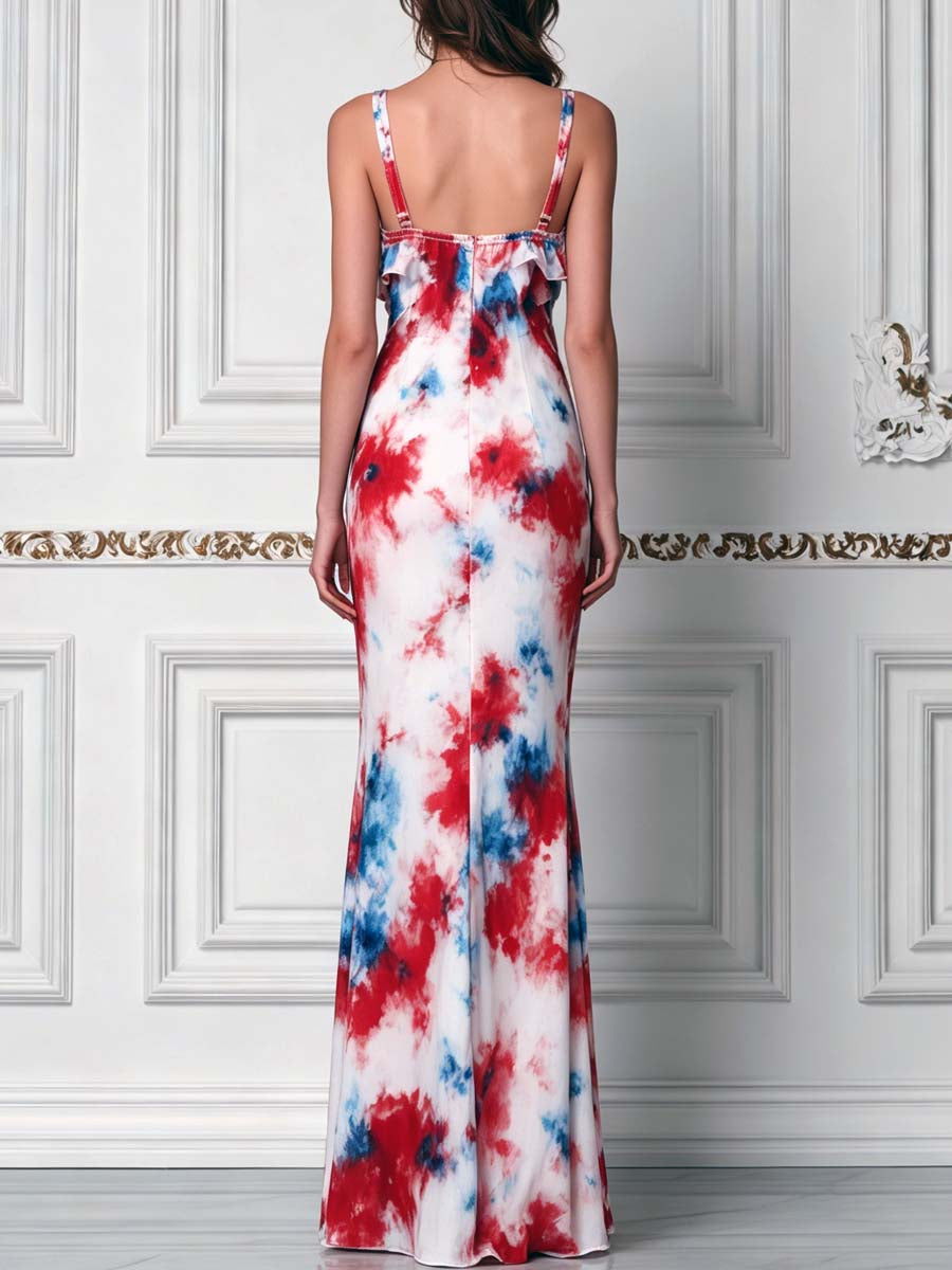 Red & Blue Watercolor Floral Print Ruffle Maxi Dress