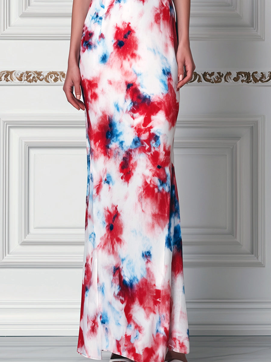 Red & Blue Watercolor Floral Print Ruffle Maxi Dress