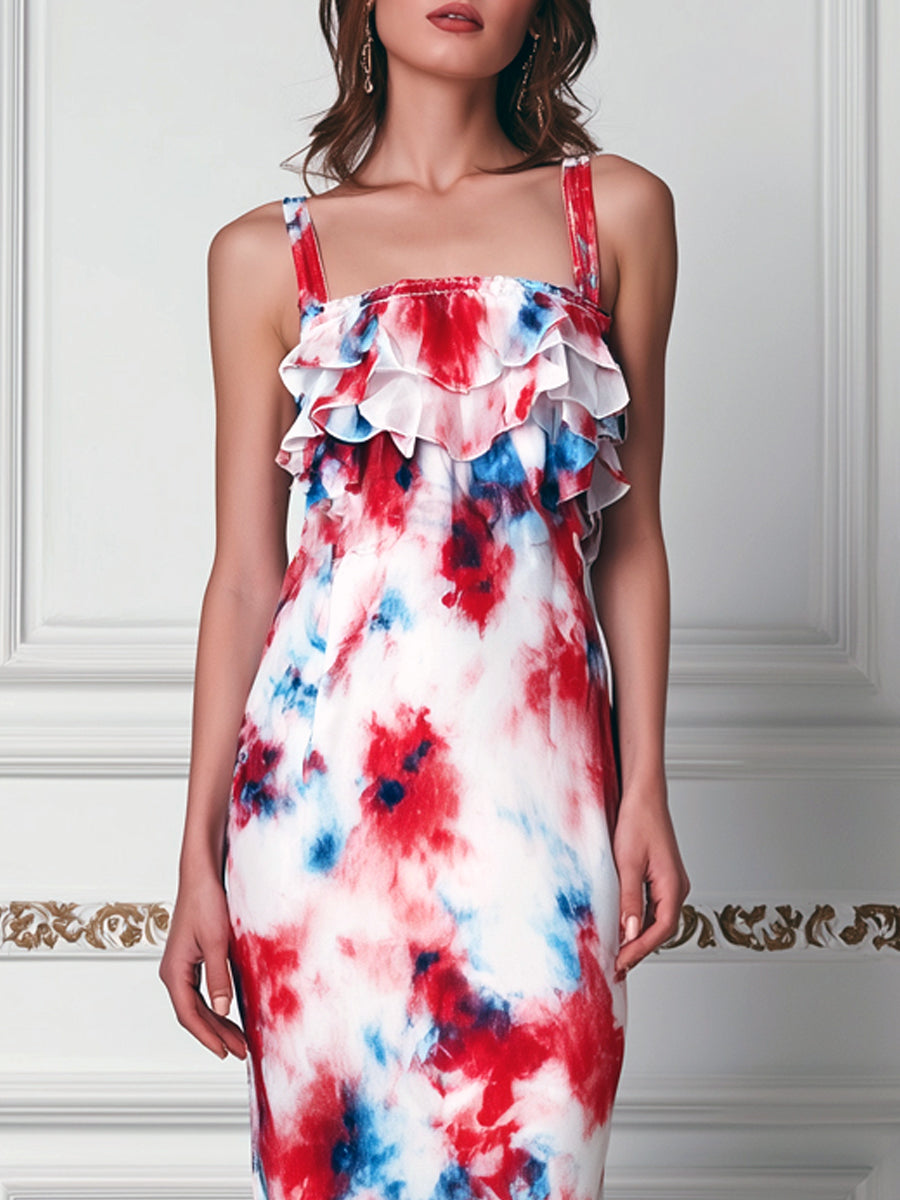 Red & Blue Watercolor Floral Print Ruffle Maxi Dress