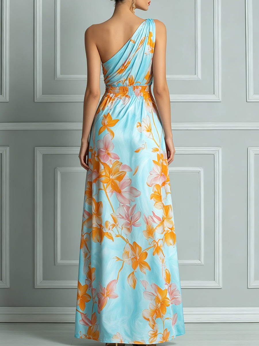 Light Blue Floral Print One-Shoulder Maxi Dress