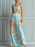 Light Blue Floral Print One-Shoulder Maxi Dress