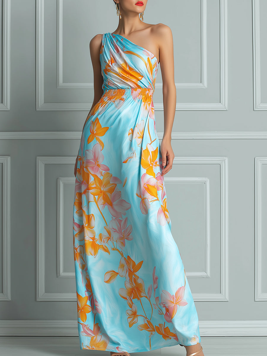 Light Blue Floral Print One-Shoulder Maxi Dress