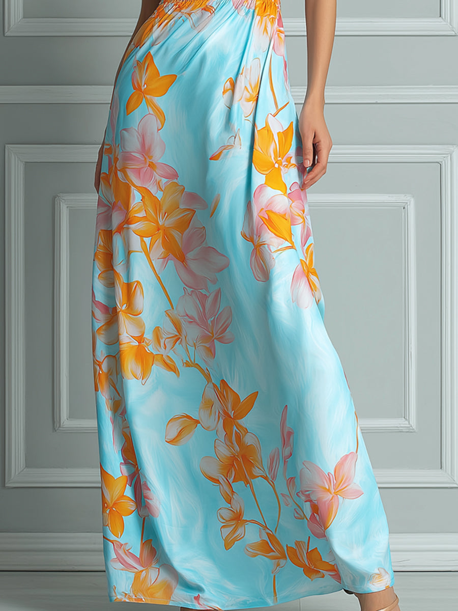 Light Blue Floral Print One-Shoulder Maxi Dress