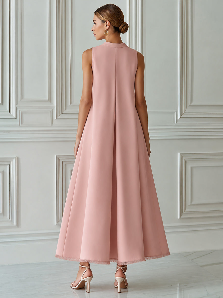 Minimalist Sleeveless Trapeze Fringed Hem Maxi Dress