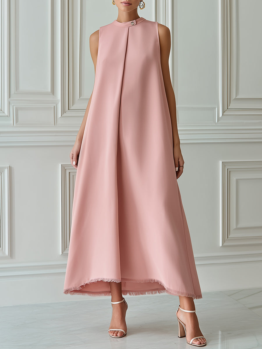 Minimalist Sleeveless Trapeze Fringed Hem Maxi Dress