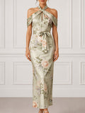 Floral Satin Halter Maxi Dress