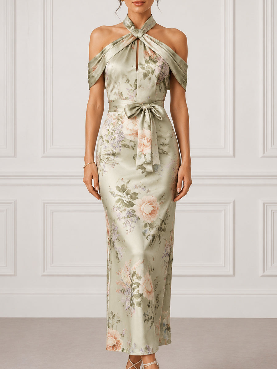 Floral Satin Halter Maxi Dress