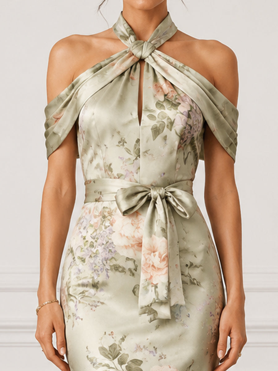 Floral Satin Halter Maxi Dress