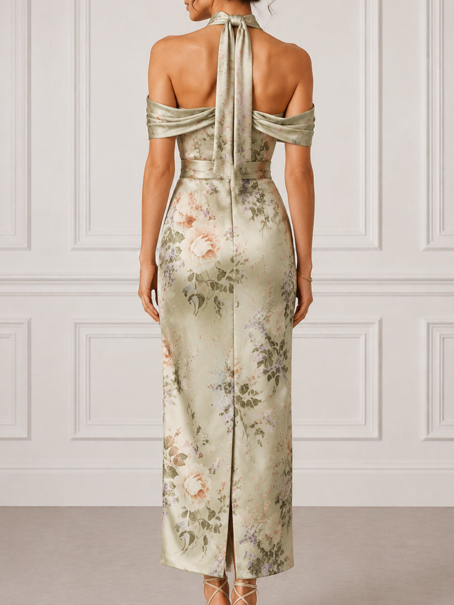 Floral Satin Halter Maxi Dress